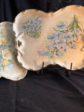 Antique Hand-Painted Porcelain Butterfly Vanity Trays - Pair (Blue & Yellow)